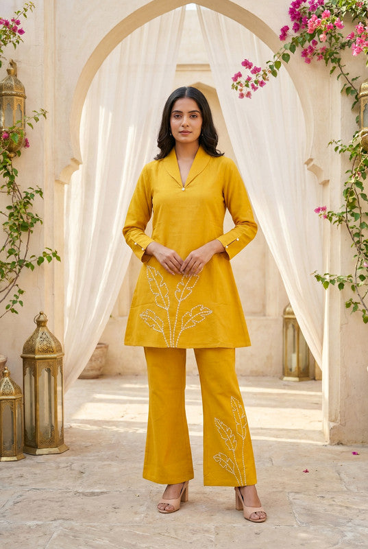 Mustard Yellow Leaf Embroidered Cotton Flex Co-ord Set