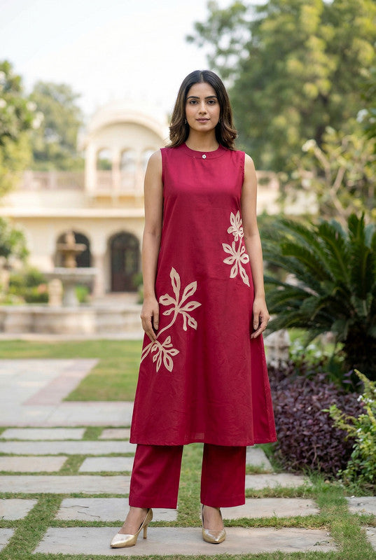 Maroon Floral Embroidered Sleeveless Cotton Co-ord Set