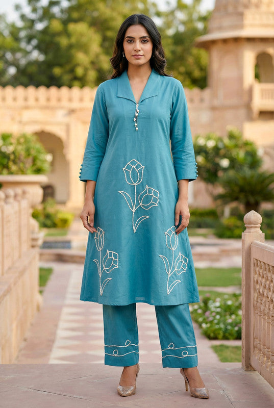 Blue Floral Embroidered Motif Cotton Co-ord Set