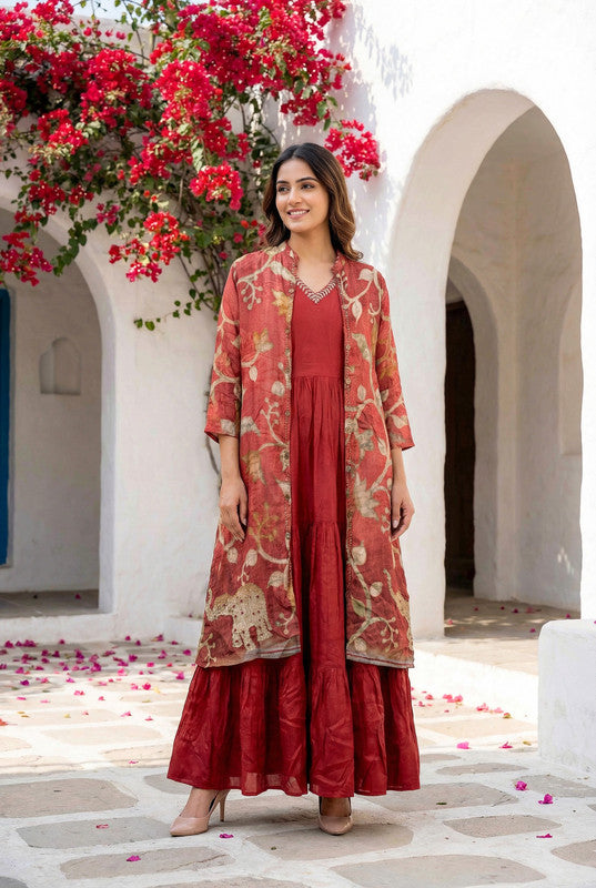 Maroon Flared Anarkali with Ethnic Printed Russian Silk Long Shrug Set