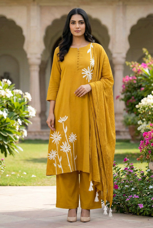 Yellow Floral A-Line Embroidery Cotton Kurta Pant Set with Dupatta