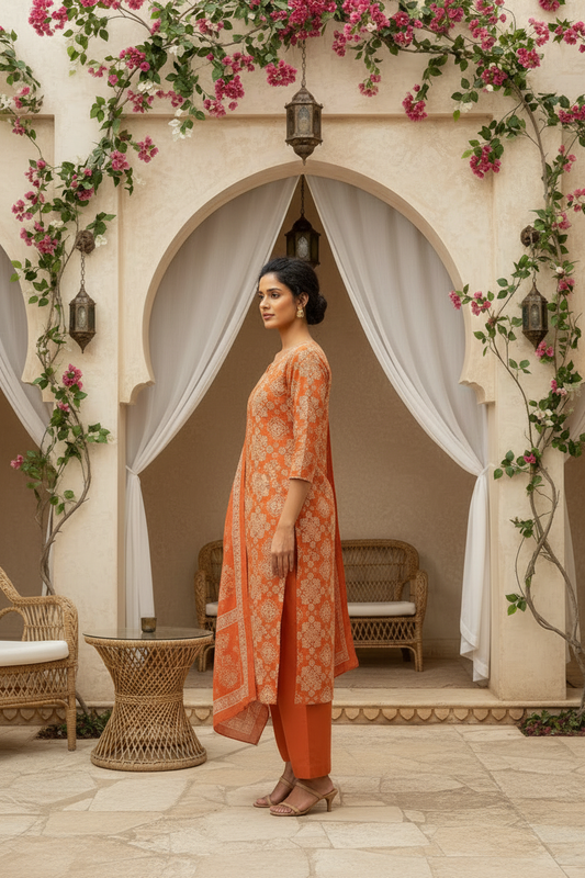 Rust Orange Traditional Print Kurta Pant Set with Dupatta