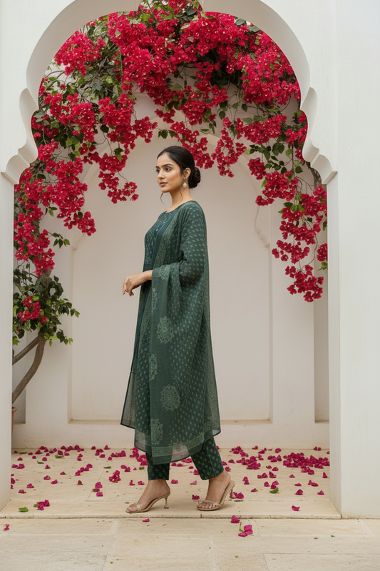 Forest Green Ethnic Motif Kurta Pant Set with Dupatta