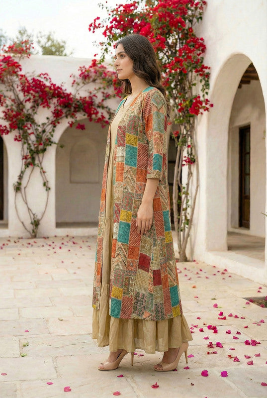 Multicolor Patchwork with Beige Anarkali Russian Silk Long Shrug Set