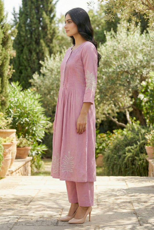 Pink Pintuck A-Line Leaf Embroidery Cotton Flex Co-ord Set