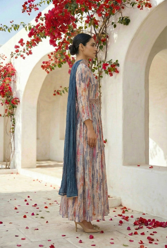 Multicolor Abstract Printed Russian Silk Dress with Dupatta