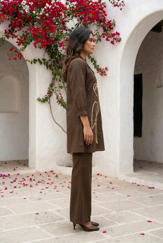 Elegant Brown Bird Design Embroidered Cotton Co-ord Set