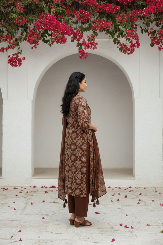 Rustic Brown Ethnic Motif Kurta Set with Dupatta