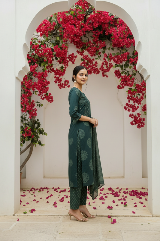 Forest Green Ethnic Motif Kurta Pant Set with Dupatta