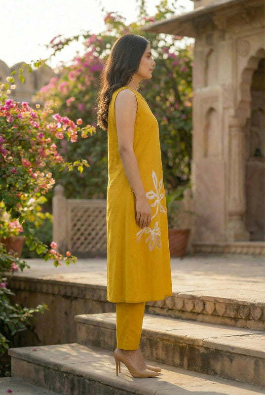 Mustard Yellow Floral Embroidered Sleeveless Cotton Co-ord Set