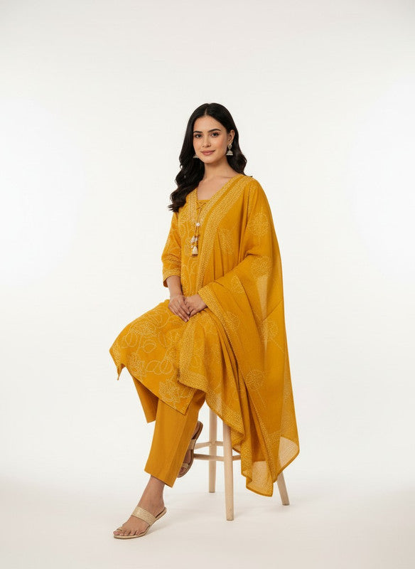 Elegant Mustard Floral Embroidered Kurta Set with Dupatta