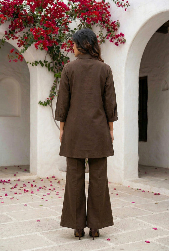 Elegant Brown Bird Design Embroidered Cotton Co-ord Set