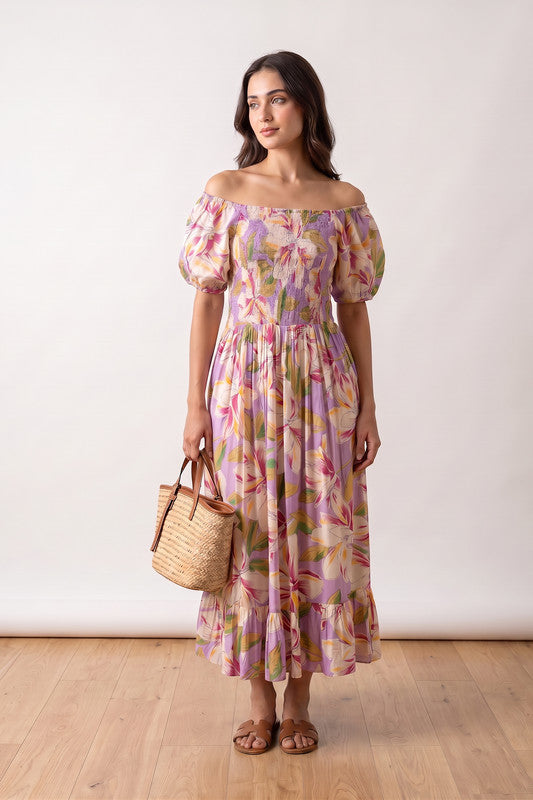 Purple Floral Tropical Bloom Smocked Printed Off-Shoulder Summer Russi