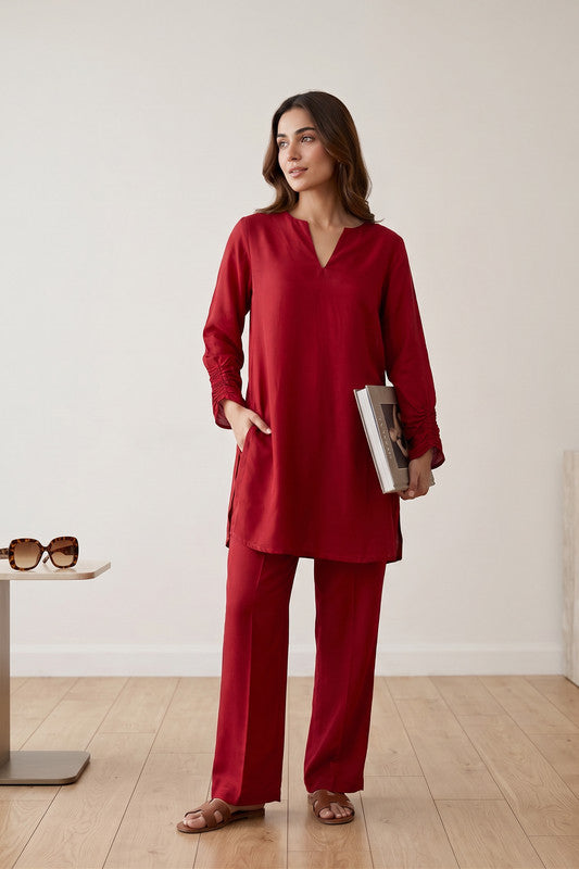 Red Urban Chic Solid Refined Silhouette Tunic & Trouser Russian Silk Co-ord Set