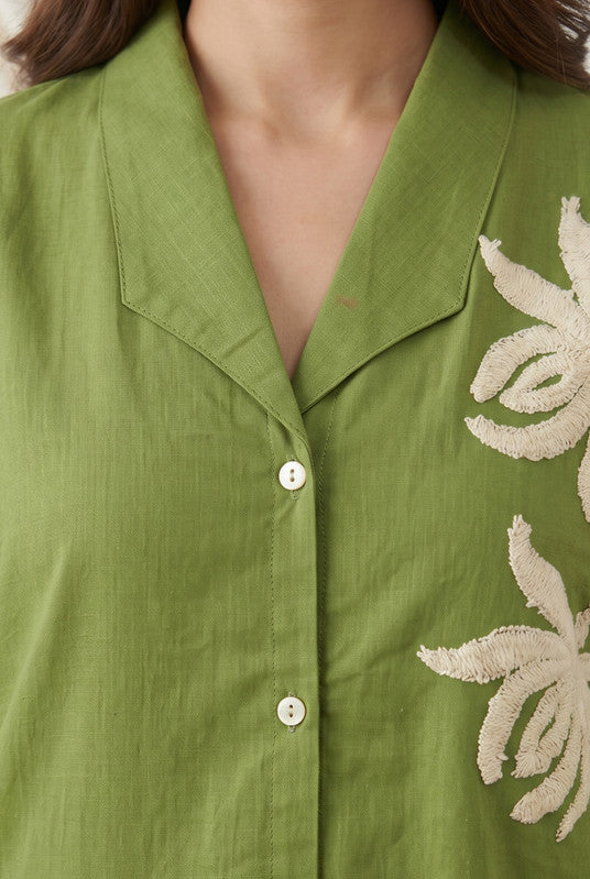 Green Cotton Flex Co-ord Set with Floral Embroidered & Straight Pants