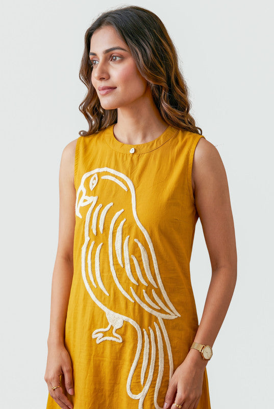 Mustard Bird Embroidered Round Neck Sleeveless Cotton Co-ord Set