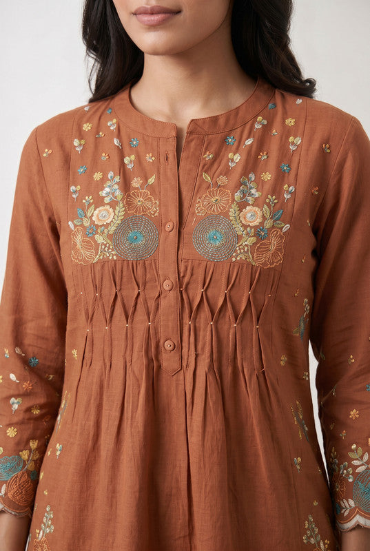 Peach Ethnic Floral Designer Embroidered Cotton Flex Kurta with Relaxed Pants