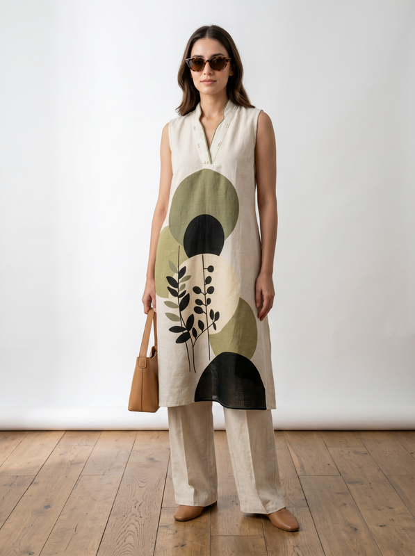 Off White Abstract Botanical Printed Linen Blend Top & Palazzo Cotton Flex Co-ord Set