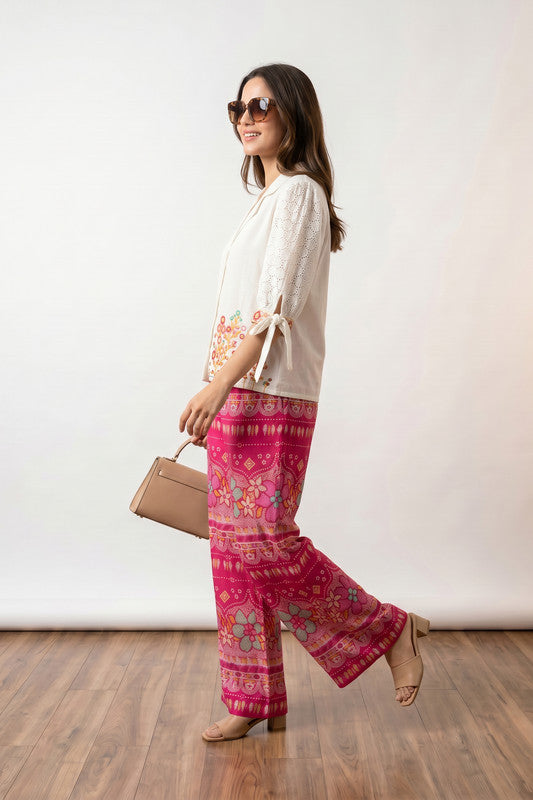 White Boho Chic Embroidered Shirt and Pink Printed Palazzo Co-ord Set