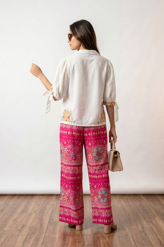 White Boho Chic Embroidered Shirt and Pink Printed Palazzo Co-ord Set
