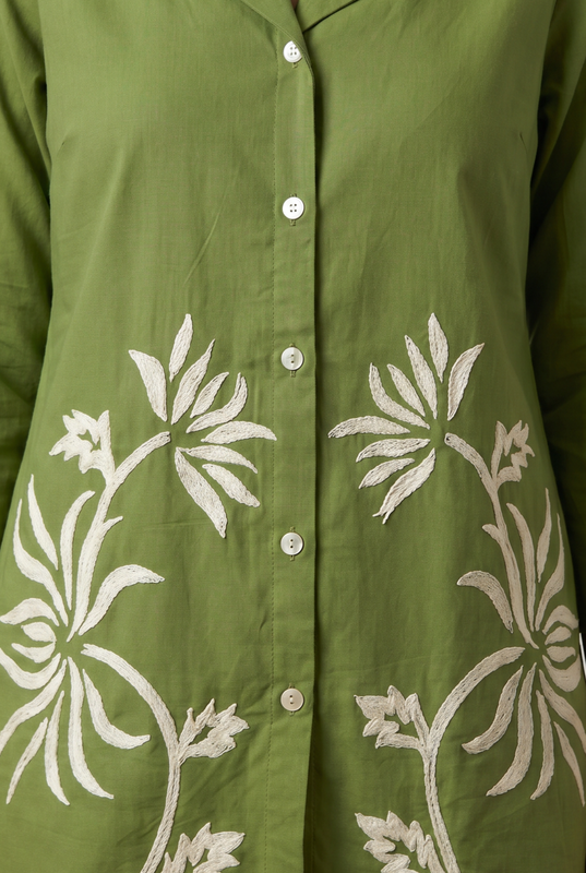 Olive Green Floral Applique Cotton Co-Ord Set