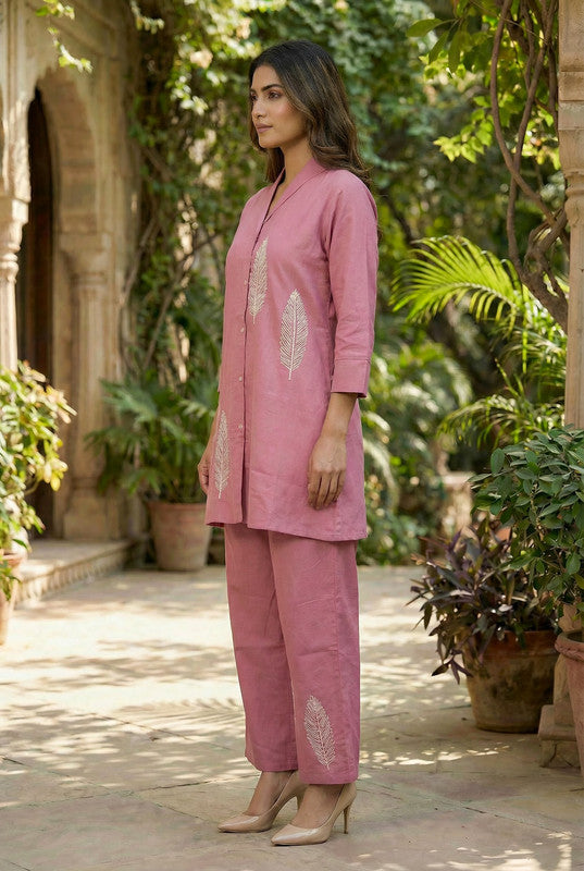 Elegant Dusty Pink Leaf Embroidered Cotton Co-ord Set