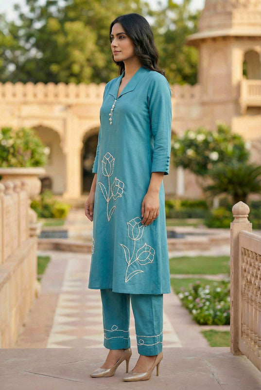 Blue Floral Embroidered Motif Cotton Co-ord Set