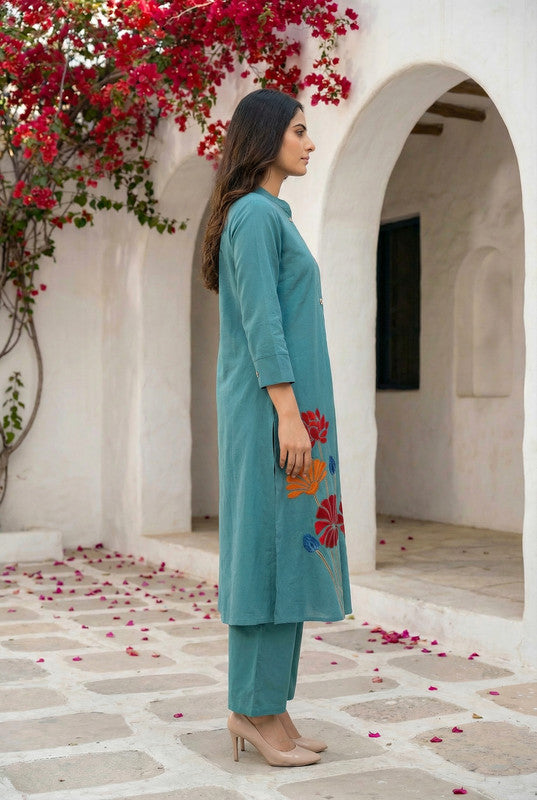 Teal Floral Embroidered Button-Down Cotton Flex Co-ord Set