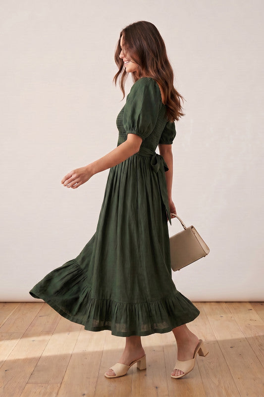 Olive Green Smocked Feminine Silhouette Ruffle Hem Solid Russian Silk Dress