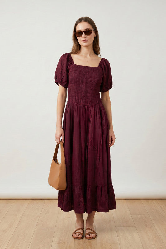 silk dress flowy Wine Smocked Bodice Puff Sleeve Square Neck Flowy Solid Russian Silk D