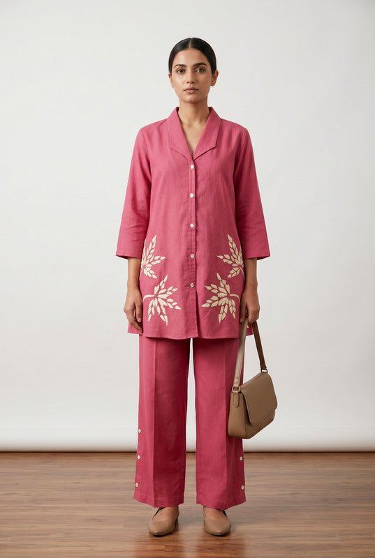 Rose Pink Leaf Embroidery Cotton Flex Co-ord Set with Straight Fit Pants