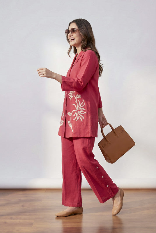 Fuchsia Floral Embroidery Shirt Collar Cotton Flex Co-ord Set