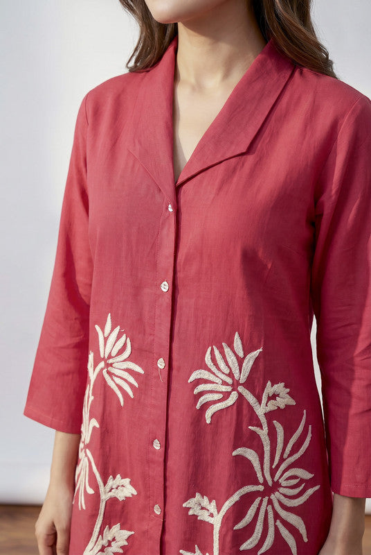 Fuchsia Floral Embroidery Shirt Collar Cotton Flex Co-ord Set