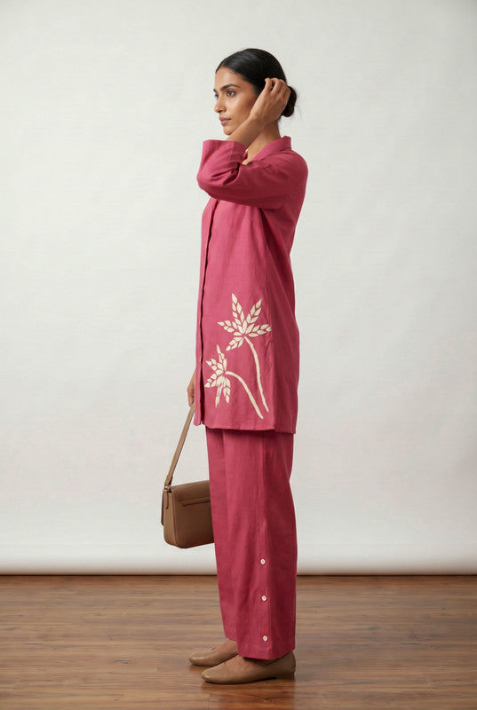 Rose Pink Leaf Embroidery Cotton Flex Co-ord Set with Straight Fit Pants