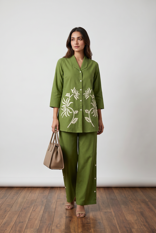 Olive Green Floral Applique Cotton Co-Ord Set