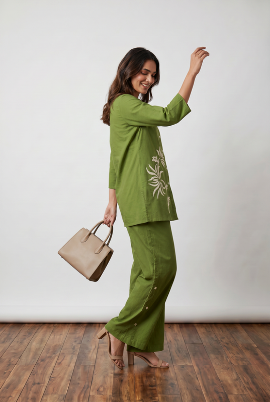 Olive Green Floral Applique Cotton Co-Ord Set