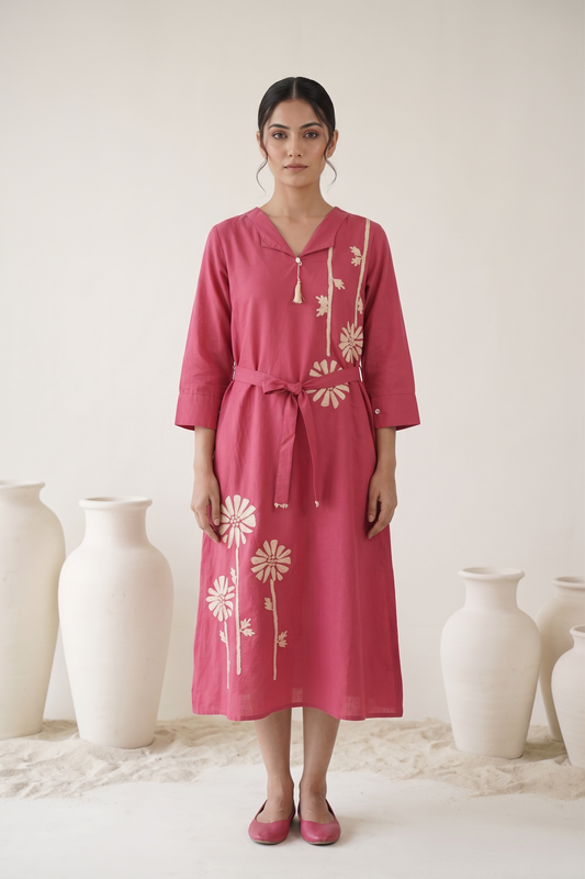 Rose Pink Cotton Flex Floral Embroidered Dress