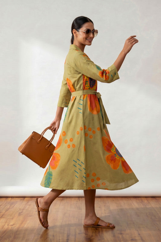 Olive Artistic Floral Printed Wrap Style Cotton Midi Dress