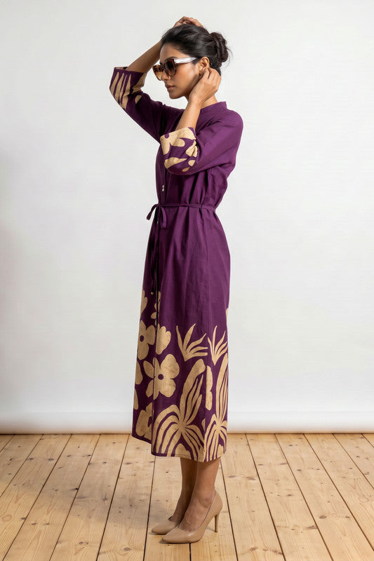 Purple Floral Printed Tie-Up Waist A-Line Cotton Midi Dress