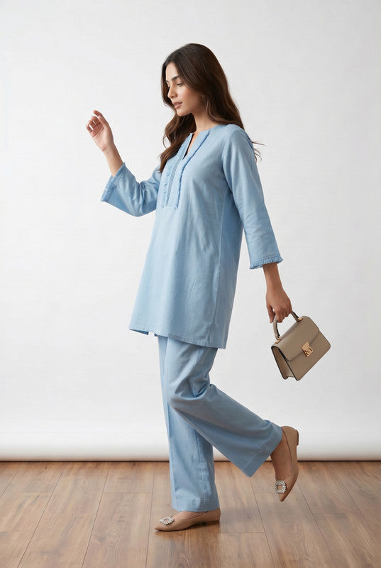Sky Blue Solid Lace Detail V-Slit Neck Ethnic Cotton Co-ord Set for Women