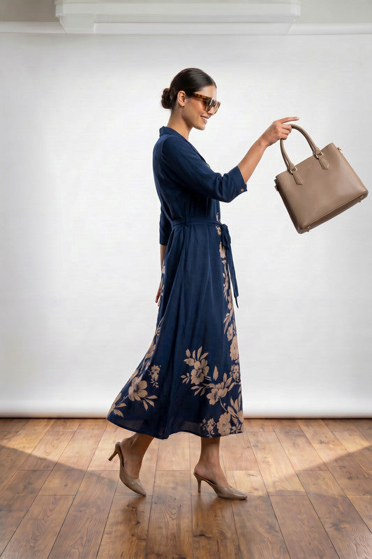 Navy Blue Floral Printed Shirt Collar Belted Russian Silk Midi Dress