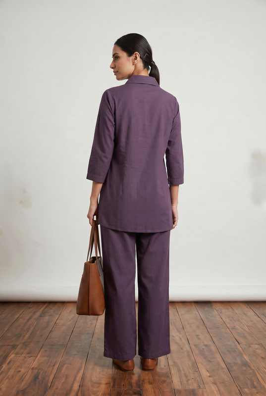 Deep Purple Abstract Leaf Embroidered Cotton Co-Ord Set