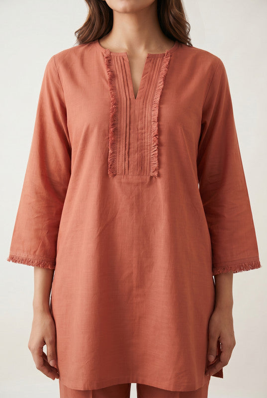 Rust Fringe Detail Solid Comfort Fit V-Notch Neck Cotton Co-ord Set