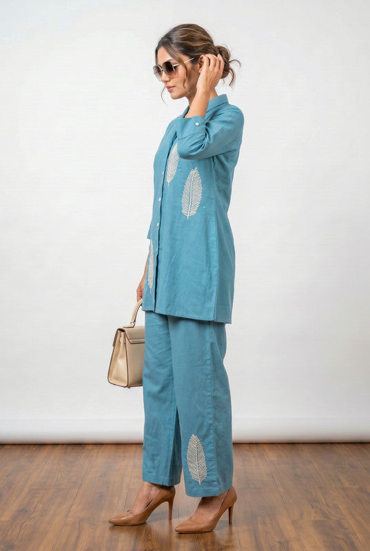 Sky Blue Nature-Inspired Leaf Embroidered Button-Down Tunic & Trouser Cotton Co-ord Set