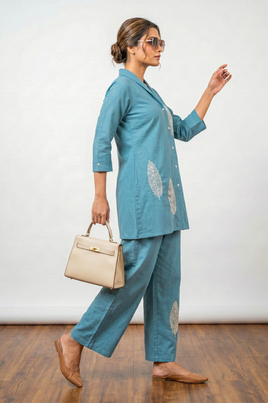 Sky Blue Nature-Inspired Leaf Embroidered Button-Down Tunic & Trouser Cotton Co-ord Set