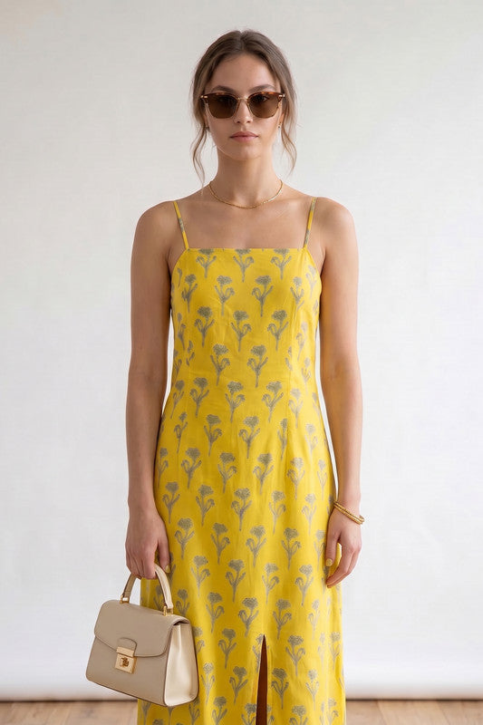 Yellow Printed Spaghetti Strap Sleeveless Straight Fit Beachwear Russian Silk Dress
