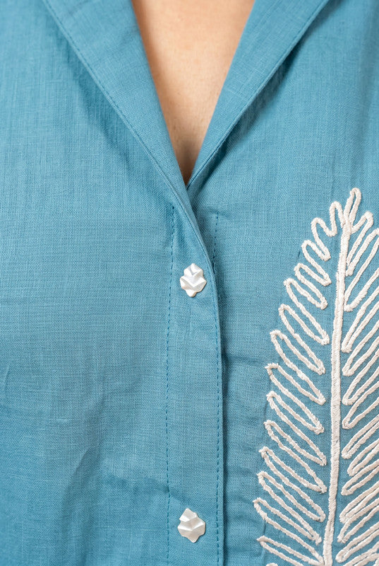 Sky Blue Nature-Inspired Leaf Embroidered Button-Down Tunic & Trouser Cotton Co-ord Set