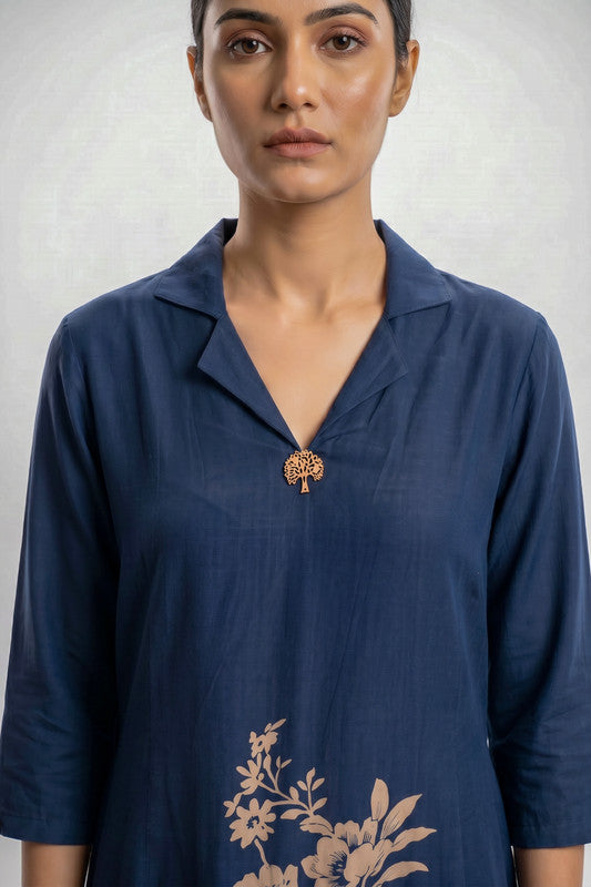 Navy Blue Floral Printed Shirt Collar Belted Russian Silk Midi Dress