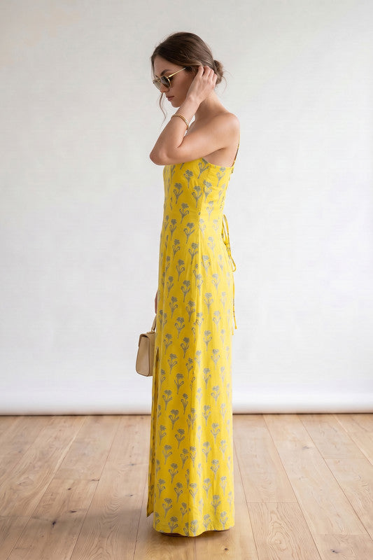 Yellow Printed Spaghetti Strap Sleeveless Straight Fit Beachwear Russian Silk Dress