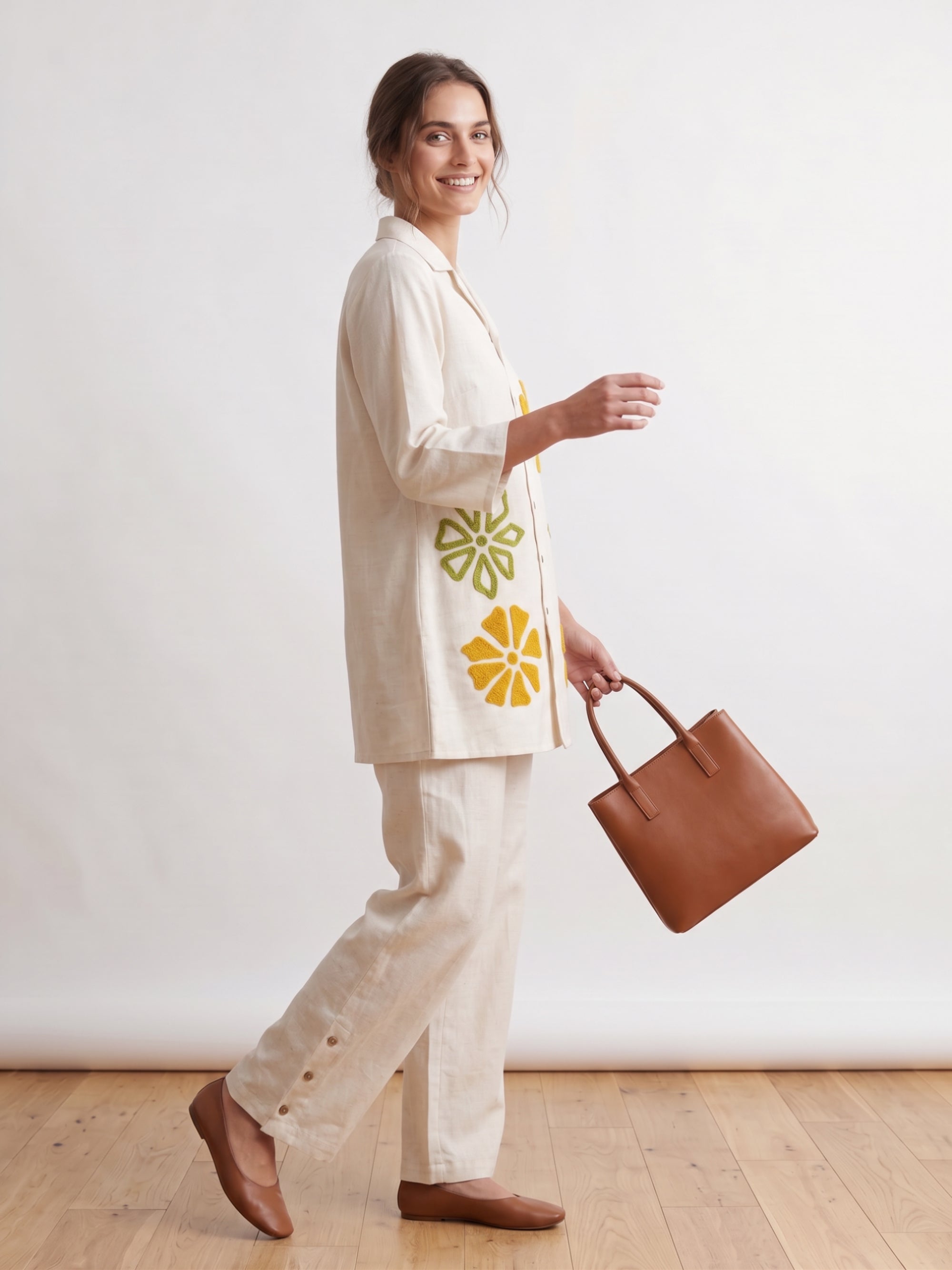 Off White Floral Embroidery Cotton Flex Co-ord Set